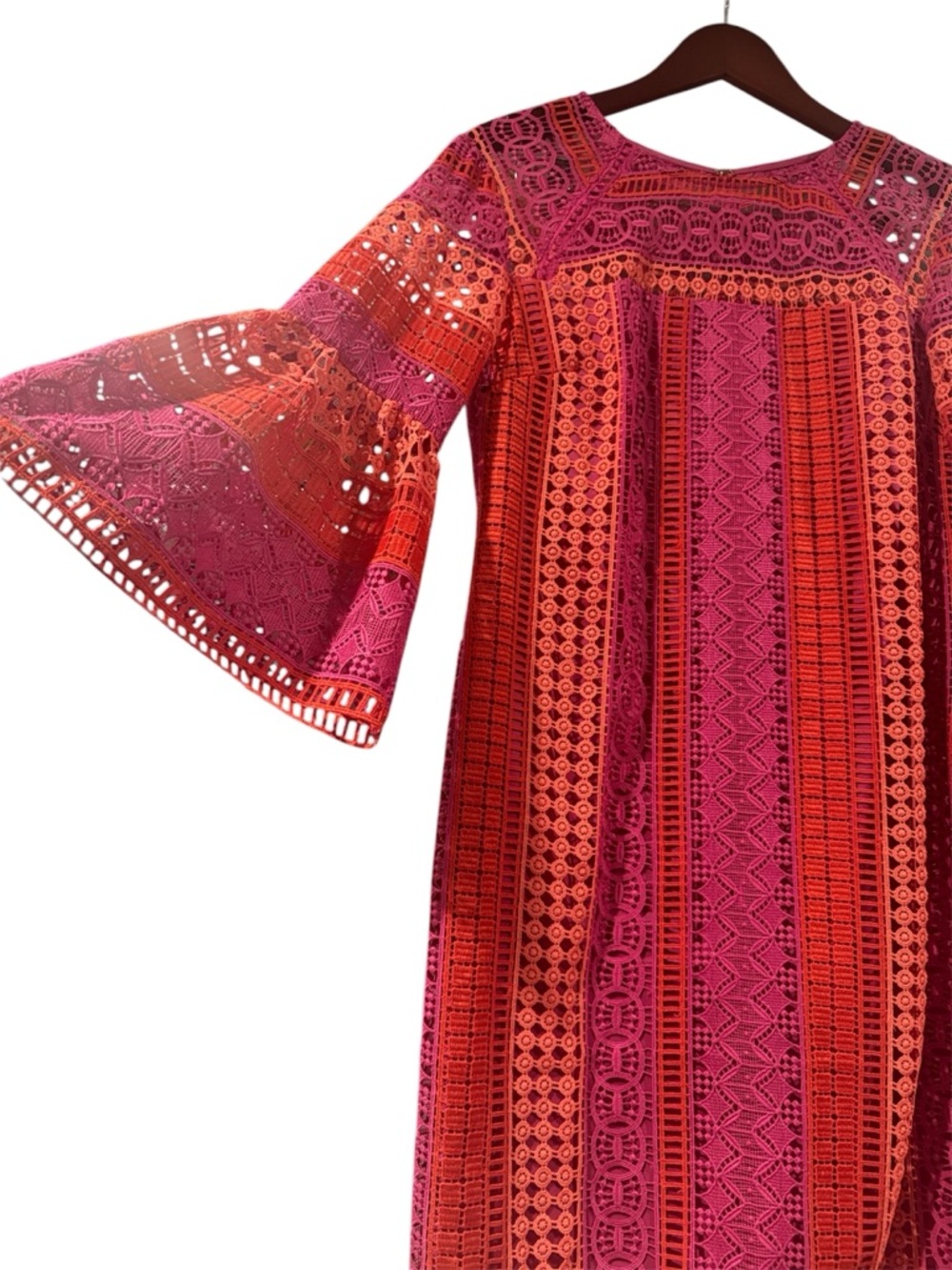 Trina Turk Lace Shift Dress Pink Orange Bell Sleeve Mini Dress Size 6 - Picture 3 of 5